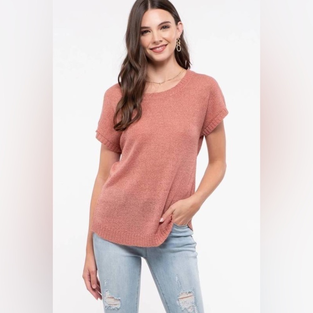 Mine Lace Up Back Knit Top Size Small Dusty Rose Short Sleeve Chic NWT - Picture 6 of 8